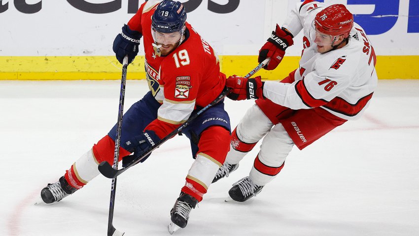 SUNRISE, FLORIDA – MAY 24: Matthew Tkachuk #19 of the Florida Panthers skates for possession against Brady Skjei #76 of the Carolina Hurricanes in Game Four of the Eastern Conference Final of the 2023 Stanley Cup Playoffs at the FLA Live Arena on May 24, 2023 in Sunrise, Florida. (Photo by Eliot J. Schechter/NHLI via Getty Images)