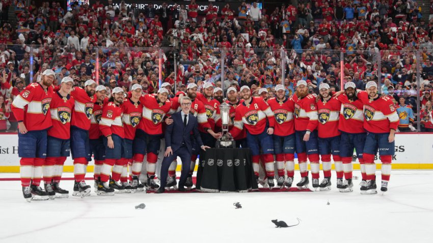 SUNRISE, FL – MAY 24: the Florida Panthers team poses for a photo with the Prince of Wales Trophy and NHL Senior Executive Brian Jennings following game four of the Eastern Conference Finals between the Carolina Hurricanes and the Florida Panthers on Wednesday, May 24, 2023 at FLA Live Arena in Sunrise, Fla. (Photo by Peter Joneleit/Icon Sportswire via Getty Images)