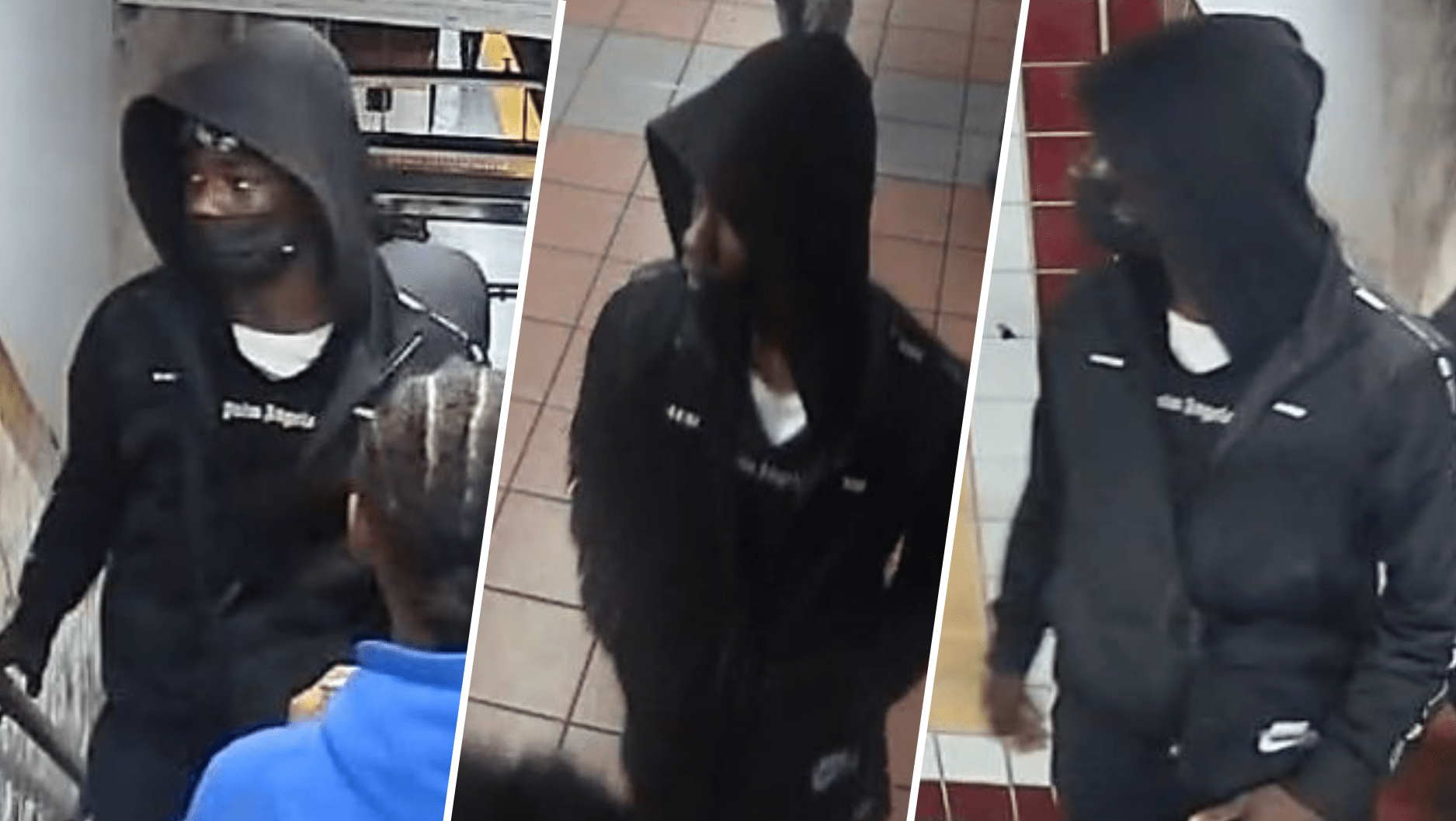 Three images of a man wearing a hoodie and mask who is wanted in a SEPTA platform shooting.