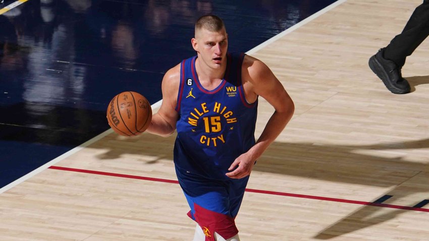 Nikola Jokic #15 of the Denver Nuggets dribbles the ball during Round 3 Game 1 of the Western Conference Finals 2023 NBA Playoffs against the Los Angeles Lakers on May 16, 2023 at the Ball Arena in Denver, Colorado.