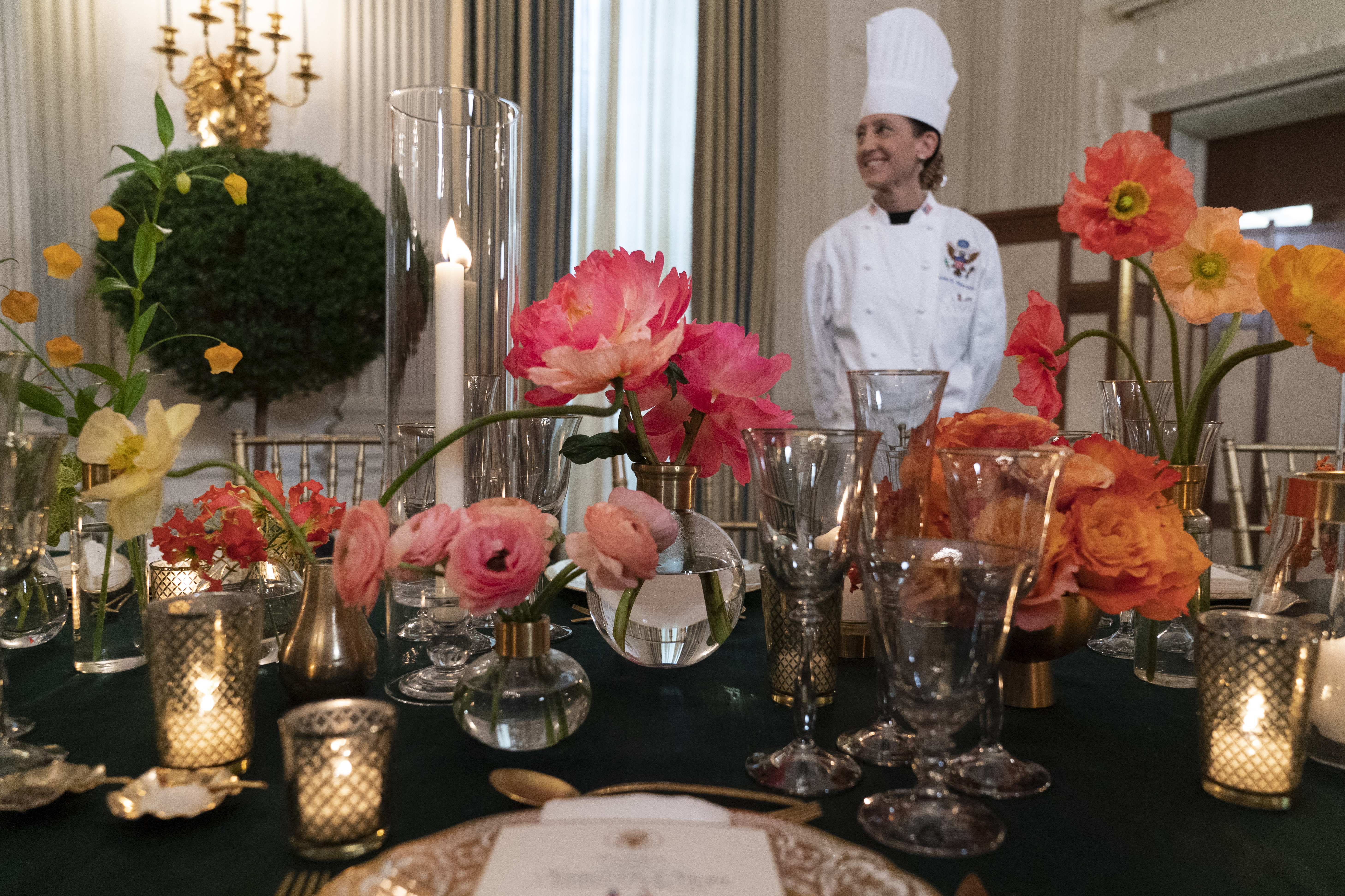 Flower centerpieces are seen during a media preview, Wednesday, June 21, 2023, at the White House in Washington, ahead of Thursday evening's State Dinner with India. 