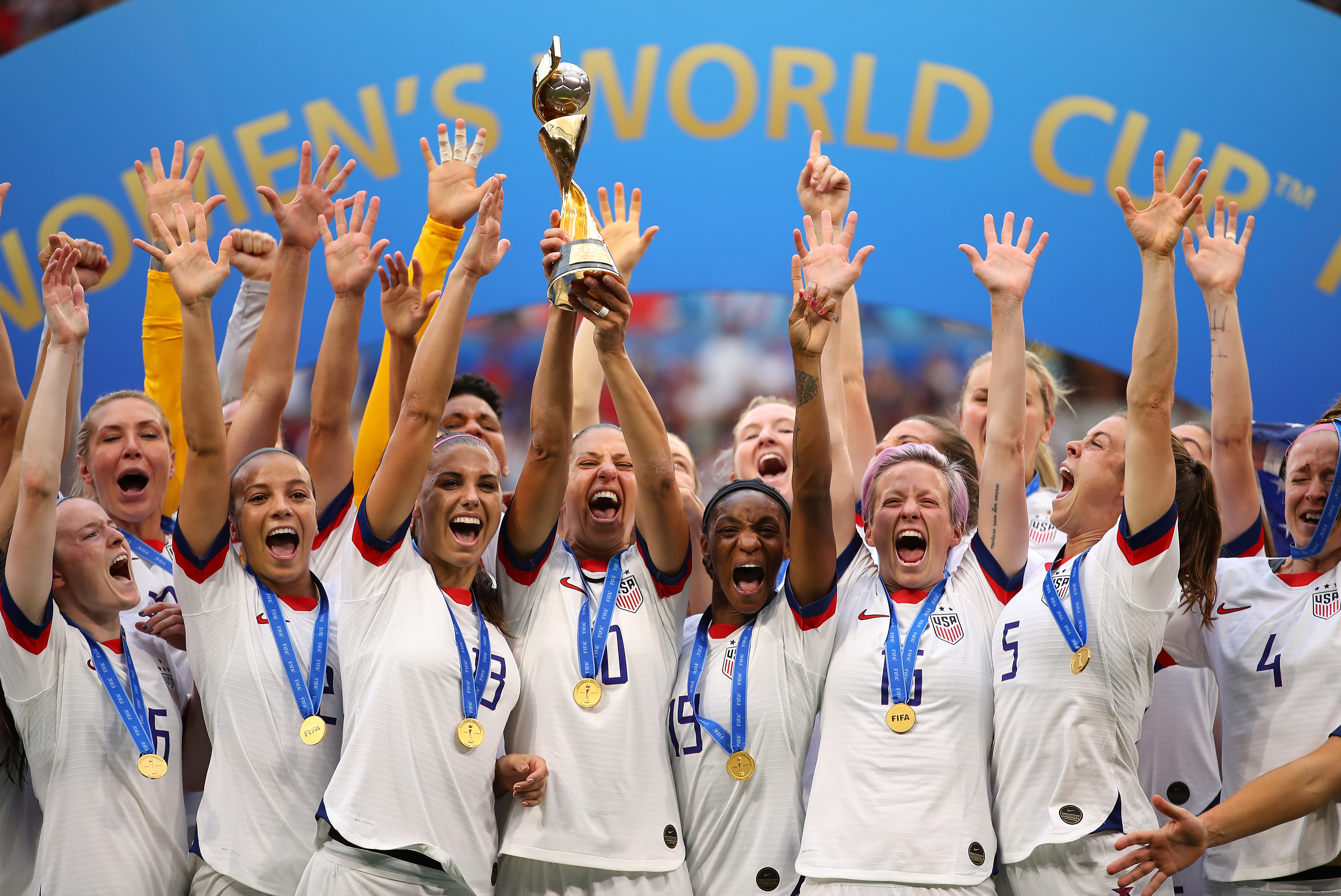 LYON, FRANCE - JULY 07: Carli Lloyd of the USA lifts the trophy as USA celebrate victory during the 2019 FIFA Women's World Cup France Final match between The United State of America and The Netherlands at Stade de Lyon on July 07, 2019 in Lyon, France. (Photo by Richard Heathcote/Getty Images)