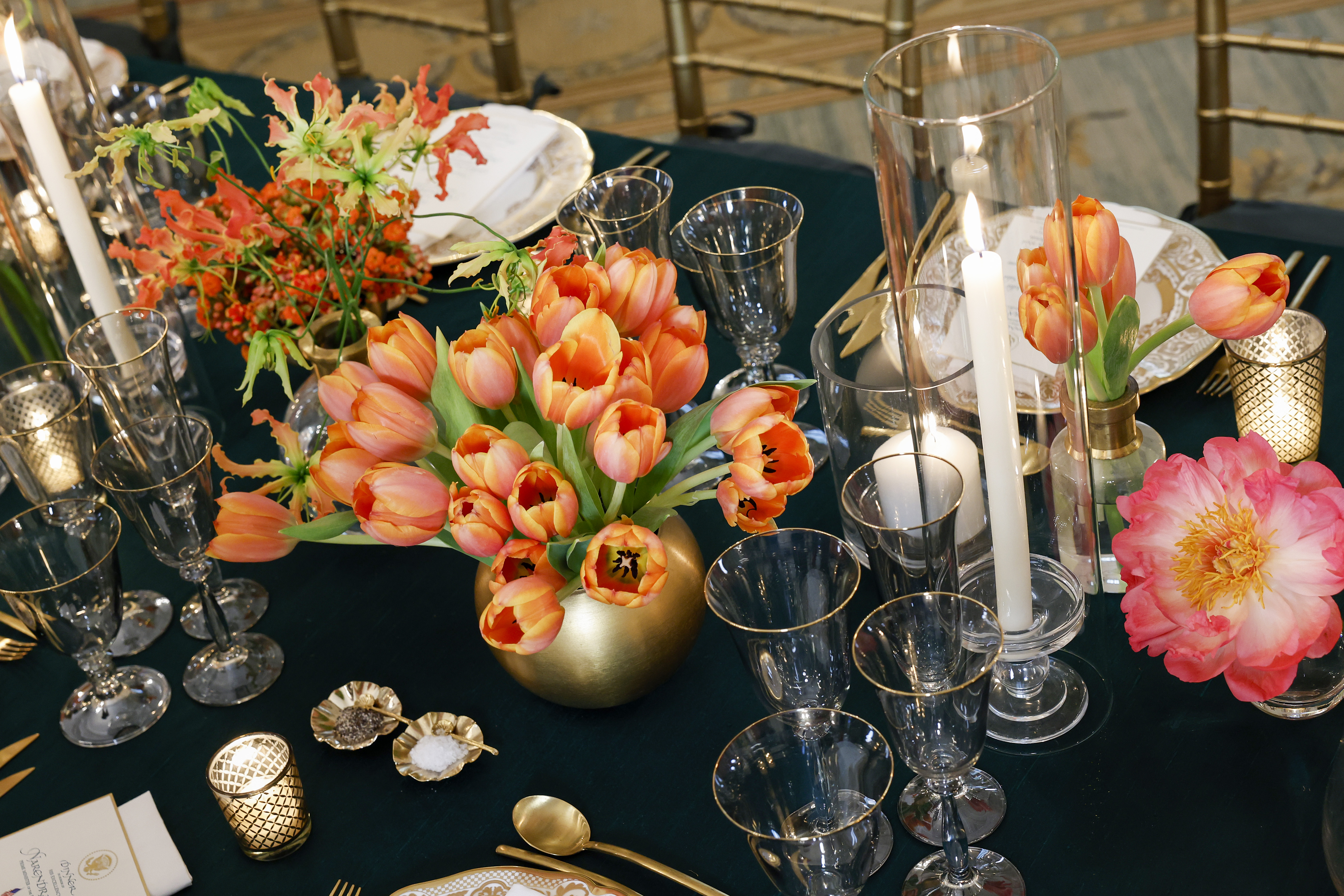 WASHINGTON, DC - JUNE 21: Place settings are displayed at a media preview of the state dinner during a media preview in the State Dining Room of the White House on June 21, 2023 in Washington, DC. Because the Prime Minister is vegetarian, U.S. first lady Jill Biden hired guest Chef Nina Curtis, who specializes in plant-based foods. Before the state dinner Modi will participate in an Oval Office bilateral meeting and press conference with U.S. President Joe Biden and deliver a speech before a joint session of Congress at the U.S. Capitol Building. (Photo by Anna Moneymaker/Getty Images)