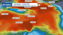 Map shows multiple colors representing wildfire smoke over the Philadelphia region.