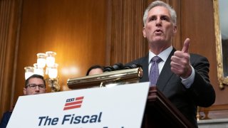 House Speaker Kevin McCarthy of Calif. along with other Republican members of the House, speaks at a news conference after the House passed the debt ceiling bill at the Capitol in Washington, May 31, 2023.