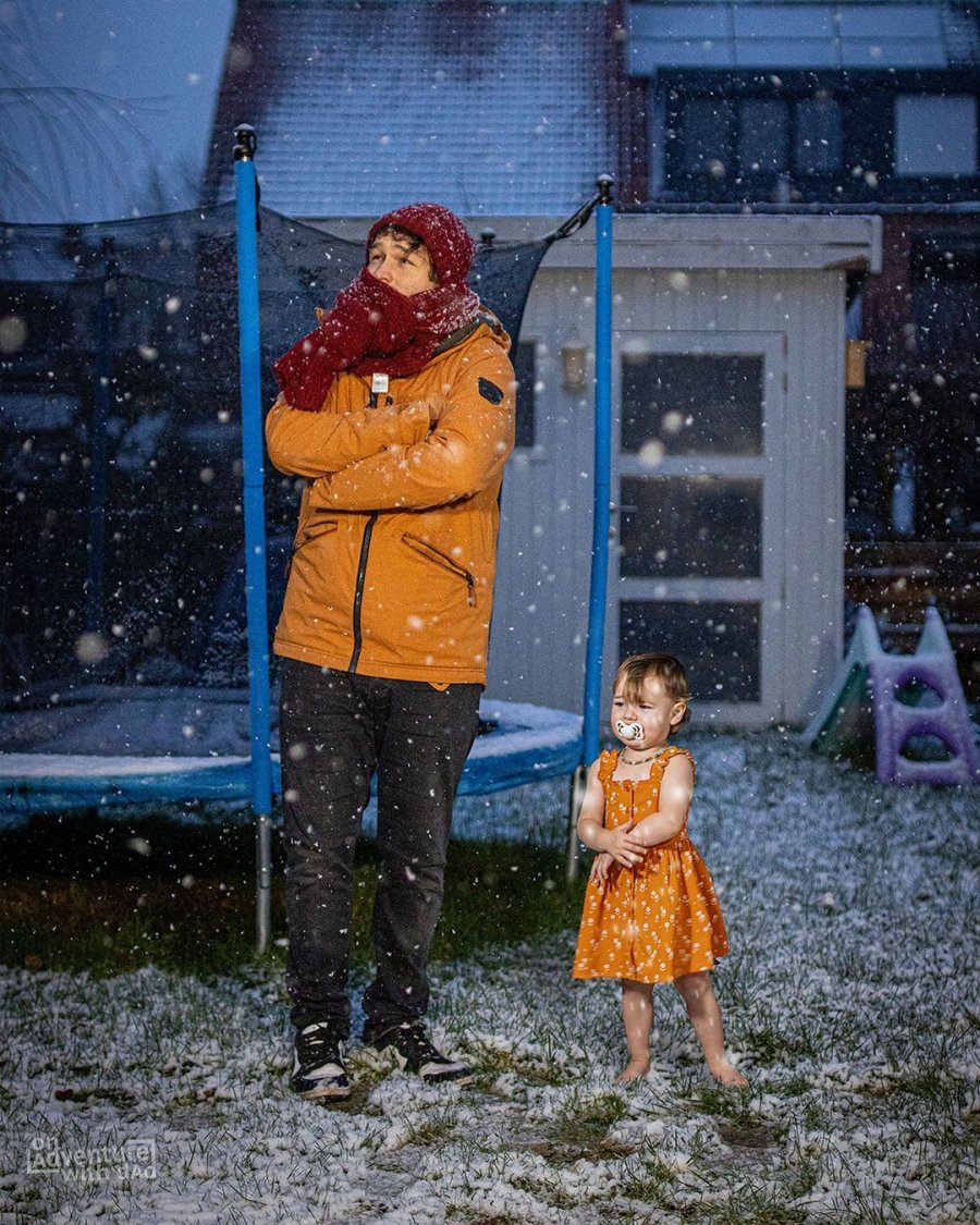 A photoshopped image of Alix standing out in the snow in a summer dress.