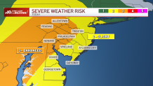 Map shows level of risk for severe weather in Philadelphia.
