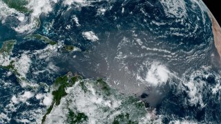 Tropical Storm Bret seen traveling west from the Central Atlantic on June 20, 2023, at approximately 10 a.m. EST.
