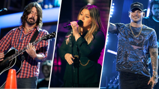 (L-R) Dave Grohl of Foo Fighters, Kelly Clarkson and Kane Brown are pictured.