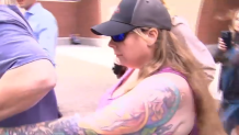 Katrina Maclean outside federal court in Boston on Wednesday, June 14, 2023. She's accused of buying stolen human remains from the manager of the morgue at Harvard Medical School.
