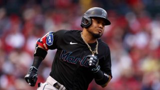 ANAHEIM, CALIFORNIA – MAY 26: Luis Arraez #3 of the Miami Marlins runs to first base during the first inning against the Los Angeles Angels at Angel Stadium of Anaheim on May 26, 2023 in Anaheim, California.