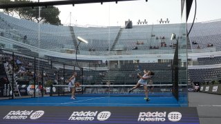 Alejandra Alonso De Villa, right, and Andrea Ustero Prieto both of Spain, return the ball to compatriots Paula Josemaria and Ariana Sanchez during their match at the Italy Major Premier Padel tournament in Rome, Wednesday, July 12, 2023.