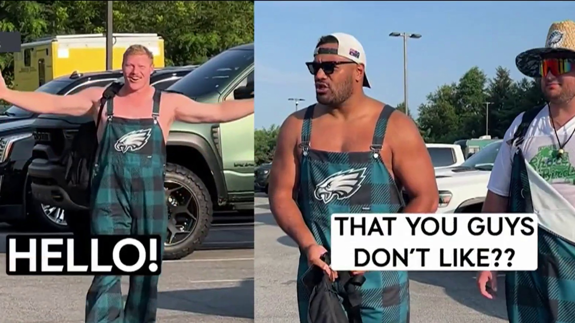 LOOK: Eagles' O-Line arrives at training camp rocking matching overalls -  BVM Sports