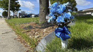 Flowers rest near the scene, Saturday, July 15, 2023, in Fargo, N.D., where one police officer was fatally shot and two others were critically wounded Friday, July 14. Authorities have said the suspect was also killed in the shooting, and a civilian was injured.