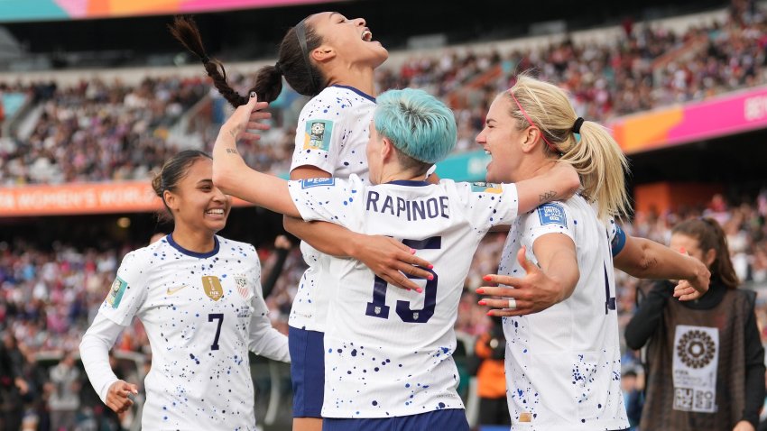 AUCKLAND, NEW ZEALAND – JULY 22: Lindsey Horan #10 of the United States celebrates scoring with Sophia Smith #11 and Megan Rapinoe #15 during the second half of the FIFA Women’s World Cup Australia & New Zealand 2023 Group E match between USA and Vietnam at Eden Park on July 22, 2023 in Auckland, New Zealand. (Photo by Brad Smith/USSF/Getty Images )