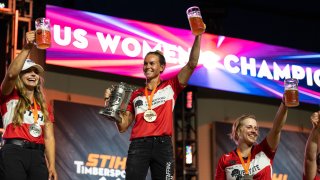 Martha King of Chadds Ford is shown. She has become the first woman to win three U.S. Championships at the weekend's Stihl Timbersports U.S. Championship in Milwaukee, Wisconsin.