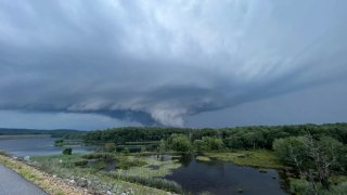 7:24pm Saturday evening above Mansfield Hollow Lake looking northeast towards Chaplin during the tornado warning (Mathew Beissee)