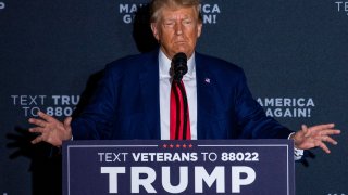 Former US President and 2024 presidential hopeful Donald Trump speaks during a campaign rally at Windham High School in Windham, New Hampshire, on August 8, 2023. 