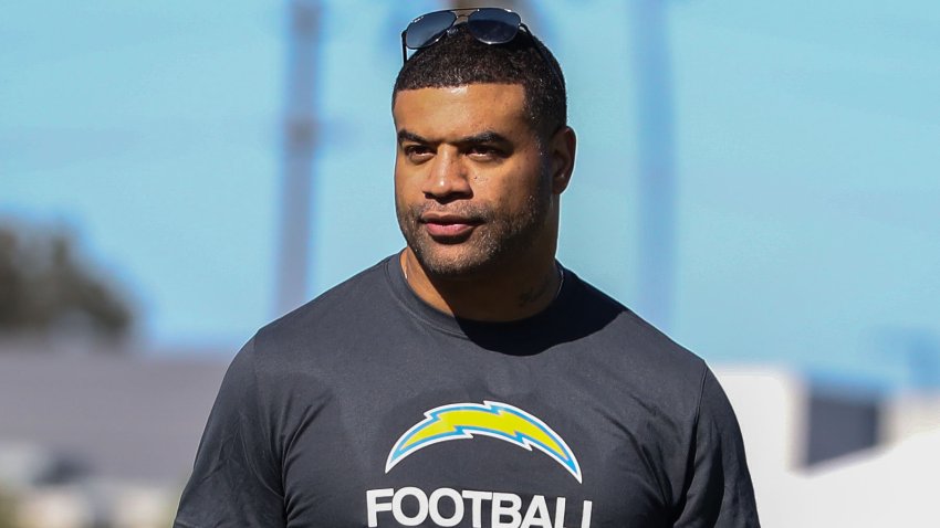 Former Los Angeles Chargers linebacker Shawn Merriman during the Los Angeles Chargers training camp at Jack Hammett Farm Sports Complex on Saturday Aug. 6, 2022 in Costa Mesa, Calif.