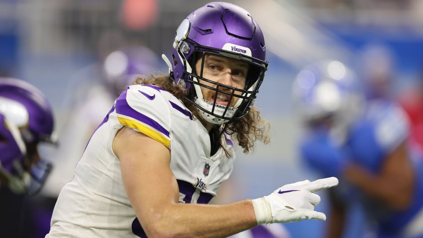 T.J. Hockenson of the Minnesota Vikings plays against the Detroit Lions at Ford Field on Dec. 11, 2022 in Detroit, Mich.