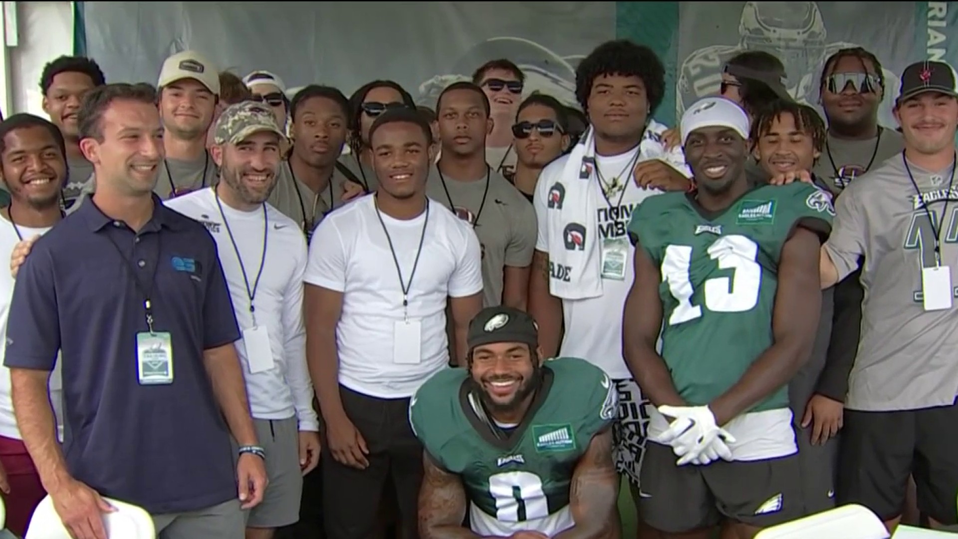 D'Andre Swift and Olamide Zaccheaus meet with current St. Joseph's Prep  players during Eagles training camp