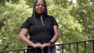 Philadelphia school district teacher Rhonda Hicks poses for a portrait at her home in Philadelphia, Thursday, July 20, 2023.