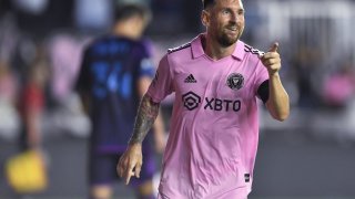 Inter Miami forward Lionel Messi celebrates a goal against Charlotte FC during the second half of a Leagues Cup soccer match Friday, Aug. 11, 2023, in Fort Lauderdale, Fla.