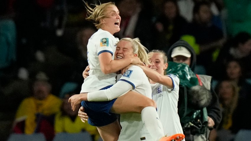 England’s Alessia Russo, center, celebrates after scoring her side’s 2nd goal during the Women’s World Cup quarterfinal soccer match between England and Colombia at Stadium Australia in Sydney, Australia, Saturday, Aug. 12, 2023.