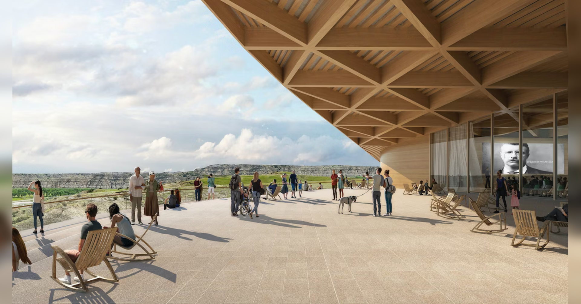 Renderings of the Theodore Roosevelt Presidential Library in the western North Dakota Badlands