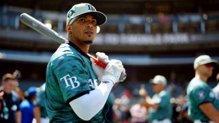 SEATTLE, WA – JULY 11:  Wander Franco #5 of the Tampa Bay Rays looks on during batting practice prior to the 93rd MLB All-Star Game presented by Mastercard at T-Mobile Park on Tuesday, July 11, 2023 in Seattle, Washington. (Photo by Daniel Shirey/MLB Photos via Getty Images)