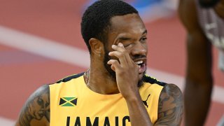 Andrew Hudson of Team Jamaica scratches his eye in the men's 200m semifinals during the World Athletics Championships Budapest 2023 at National Athletics Centre on Aug. 24, 2023, in Budapest, Hungary.