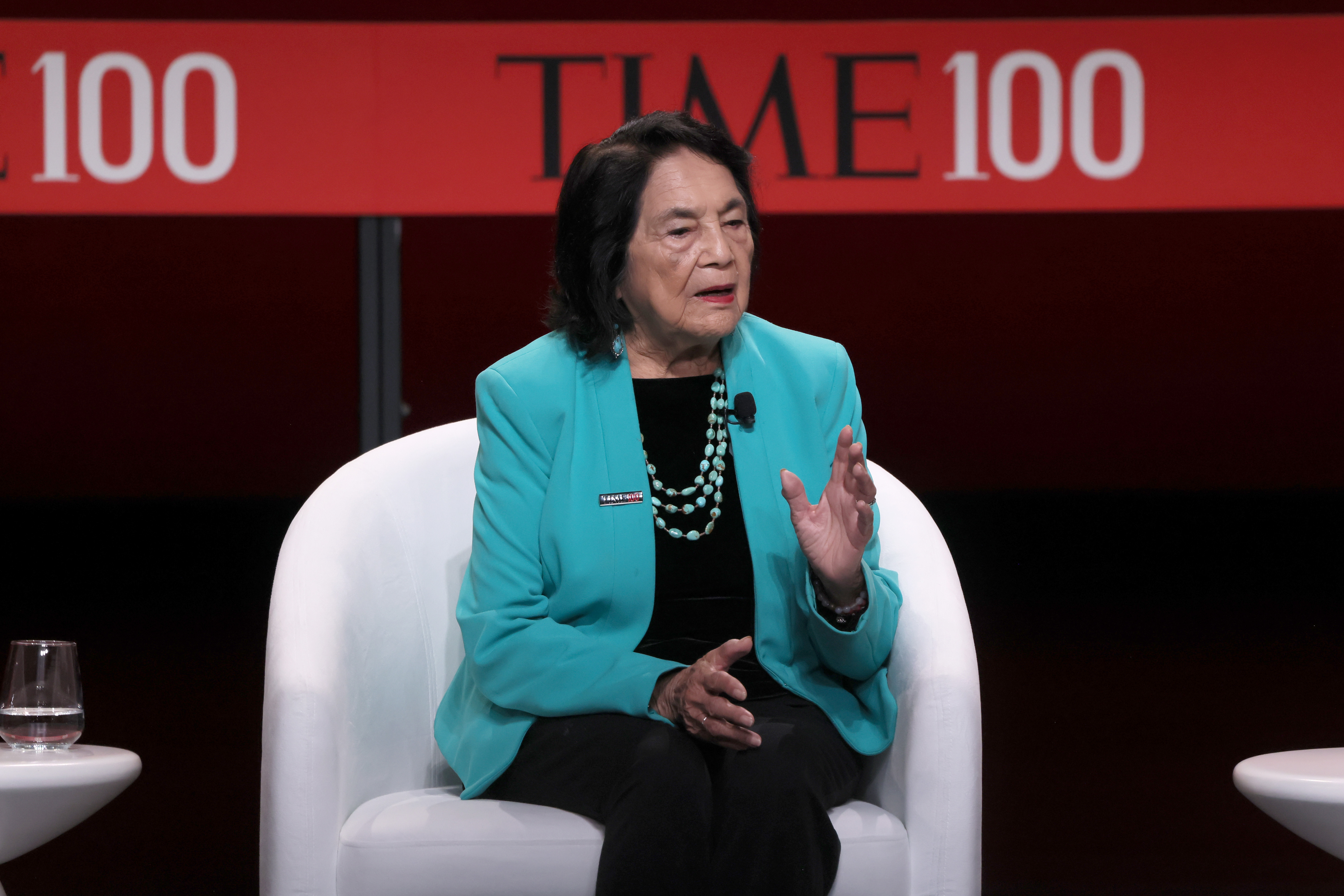 NEW YORK, NEW YORK - APRIL 25: Dolores Huerta speaks onstage at the 2023 TIME100 Summit at Jazz at Lincoln Center on April 25, 2023 in New York City. (Photo by Jemal Countess/Getty Images for TIME)