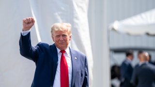 SUMMERVILLE, SOUTH CAROLINA - SEPTEMBER 25: Former President Donald Trump greets the crowd during a campaign rally on September 25, 2023 in Summerville, South Carolina. The former president has a strong lead in the polls over his Republican challengers and does not plan to participate in Wednesday's Republican presidential debate.