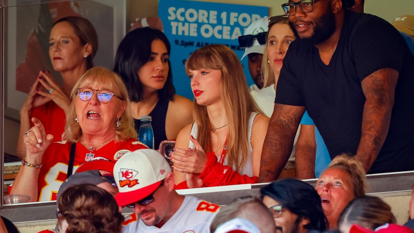 Jake From State Farm Sits With Travis Kelce Mom and Cites Taylor