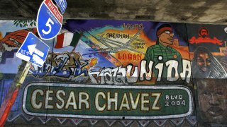 A mural depicting Chicano issues