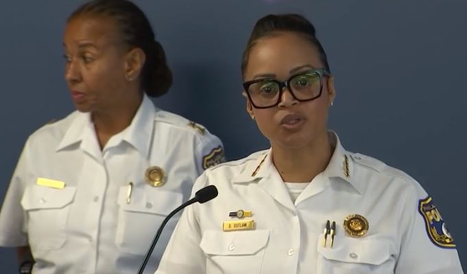 Philadelphia Police Commissioner Danielle Outlaw addresses the press after an officer killed a man in Kensington on Aug. 14.