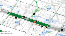 The two block cap concept for Philadelphia's Chinatown includes A) active spaces along north-south cross streets, B) a potential rail park connection, C) a removed sound barrier wall for wider sidewalks, D) an improved key intersection and E) an exploration into improved pedestrian connection.