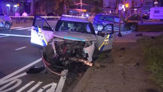 A police vehicle that was heavily damaged in a crash that injured two officers and an unidentified driver in North Philadelphia early Wednesday.