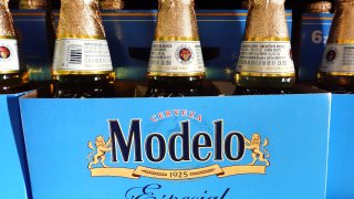 Packages of Modelo Especial beer are displayed for sale in a grocery store on June 14, 2023 in Los Angeles, California.