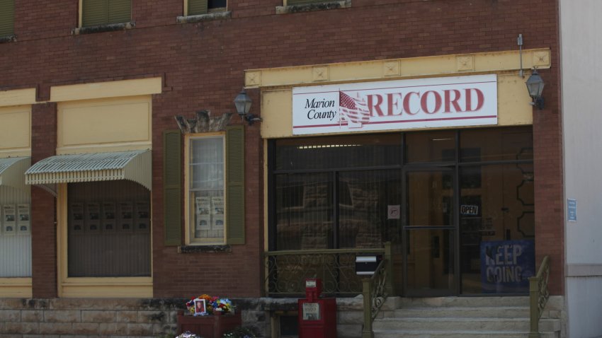 FILE – The offices of the Marion County Record weekly newspaper sit across the street from the Marion County, Kan., Courthouse, Aug. 21, 2023, in Marion. The police chief who led a highly criticized raid of the small Kansas newspaper is suspended, the mayor confirmed to The Associated Press on Saturday, Sept. 30. Marion Mayor Dave Mayfield in a text said he suspended Chief Gideon Cody on Thursday, Sept. 28.