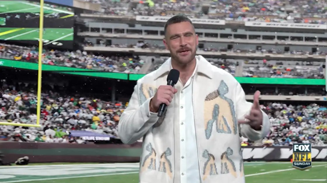 Travis Kelce appears on a "Saturday Night Live" skit mocking the NFL's obsession with Taylor Swift appearing at his games.