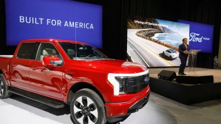 Ford CEO Jim Farley announces at a press conference that Ford Motor Company will be partnering with the worlds largest battery company, a China-based company called Contemporary Amperex Technology, to create an electric-vehicle battery plant in Marshall, Michigan, on February 13, 2023 in Romulus, Michigan.