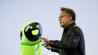Jen-Hsun Huang, president and chief executive officer of Nvidia Corp., speaks during the company’s event at Mobile World Congress Americas in Los Angeles, California, Oct. 21, 2019.