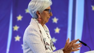 President of the European Central Bank (ECB) Christine Lagarde gestures as she addresses a press conference following the meeting of the governing council of the ECB in Frankfurt am Main, western Germany, on July 27, 2023.