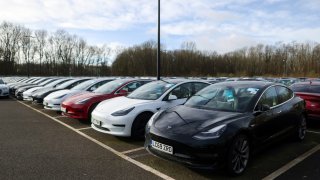 Used Tesla cars for sale at Big Motoring World’s showroom in the U.K., in 2023.