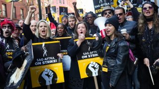 NEW YORK, NEW YORK – OCTOBER 31: Rebecca Damon joins SAG-AFTRA members on strike during Halloween on October 31, 2023 in New York City. The strike, which began on July 14, entered its 100th day on October 21st as the actors’ union and Hollywood studios and streamers failed to reach an agreement. (Photo by John Nacion/Getty Images)