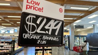 Organic bananas are displayed for sale in the grocery section of a Target store on October 12, 2023 in Los Angeles, California.
