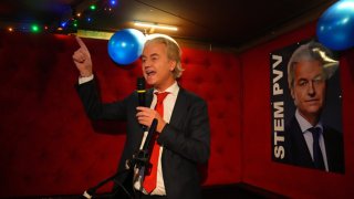 SCHEVENINGEN, NETHERLANDS – NOVEMBER 22: Geert Wilders, Dutch right-wing politician and leader of the Party for Freedom (PVV), reacts to the exit poll and early results that strongly indicate a victory for his party in the Dutch elections on November 22, 2023 in Scheveningen, Netherlands. Dutch voters have gone to the polls today in one of the most tightly contested general elections in recent years. (Photo by Carl Court/Getty Images).