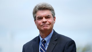 Delaware County District Attorney Jack Stollsteimer during a news conference outside Academy Park High School in Sharon Hill, Pa., Tuesday, April 26, 2022.