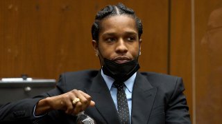 Rakim Mayers, aka A$AP Rocky, drinks water during a preliminary hearing at the Clara Shortridge Foltz Criminal Justice Center in Los Angeles, Nov. 20, 2023.